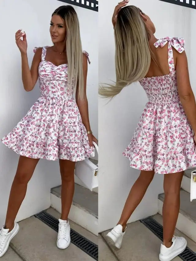 Abito estivo a pieghe in vita con stampa floreale moda per donna Y2k Casual Vacanza al mare Vestito estivo con cinturino per spaghetti Mini abito femminile