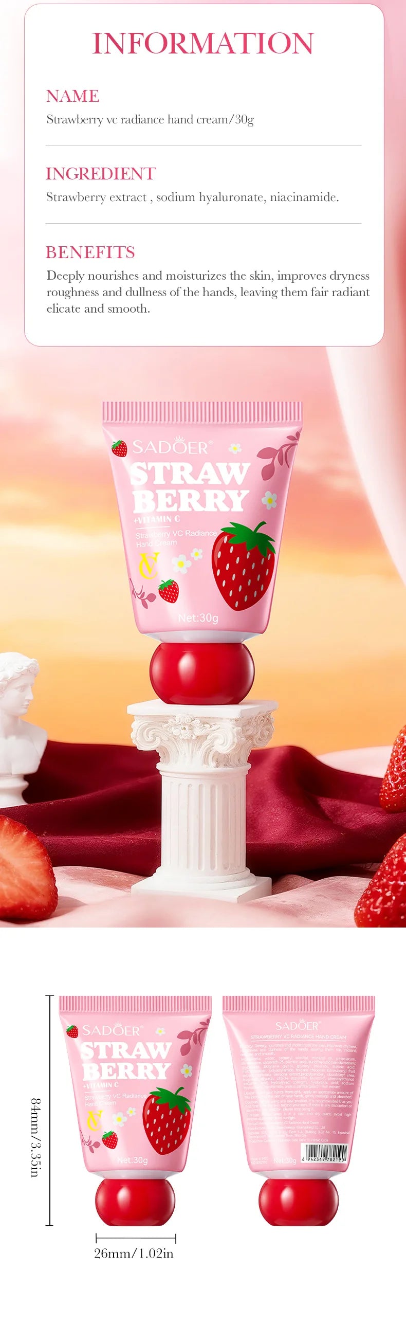 Crema per le mani alla fragola VC - 30 g idratante schiarente per l'inverno, ripara la pelle secca e screpolata, formula leggera ad assorbimento rapido
