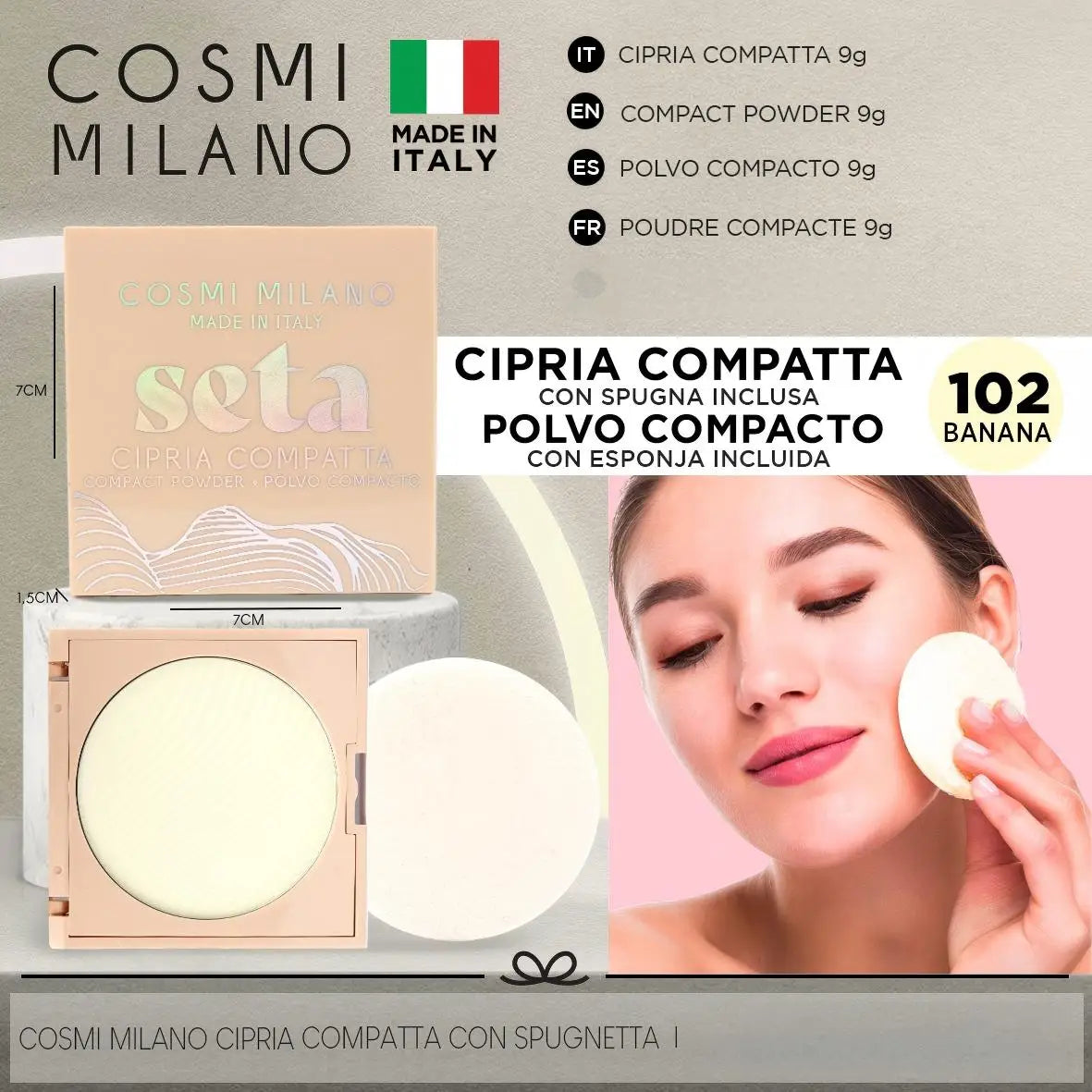 COSMI Milano Seta Compact Powder – Cipria Compatta Ultra Fine 9g con Spugnetta