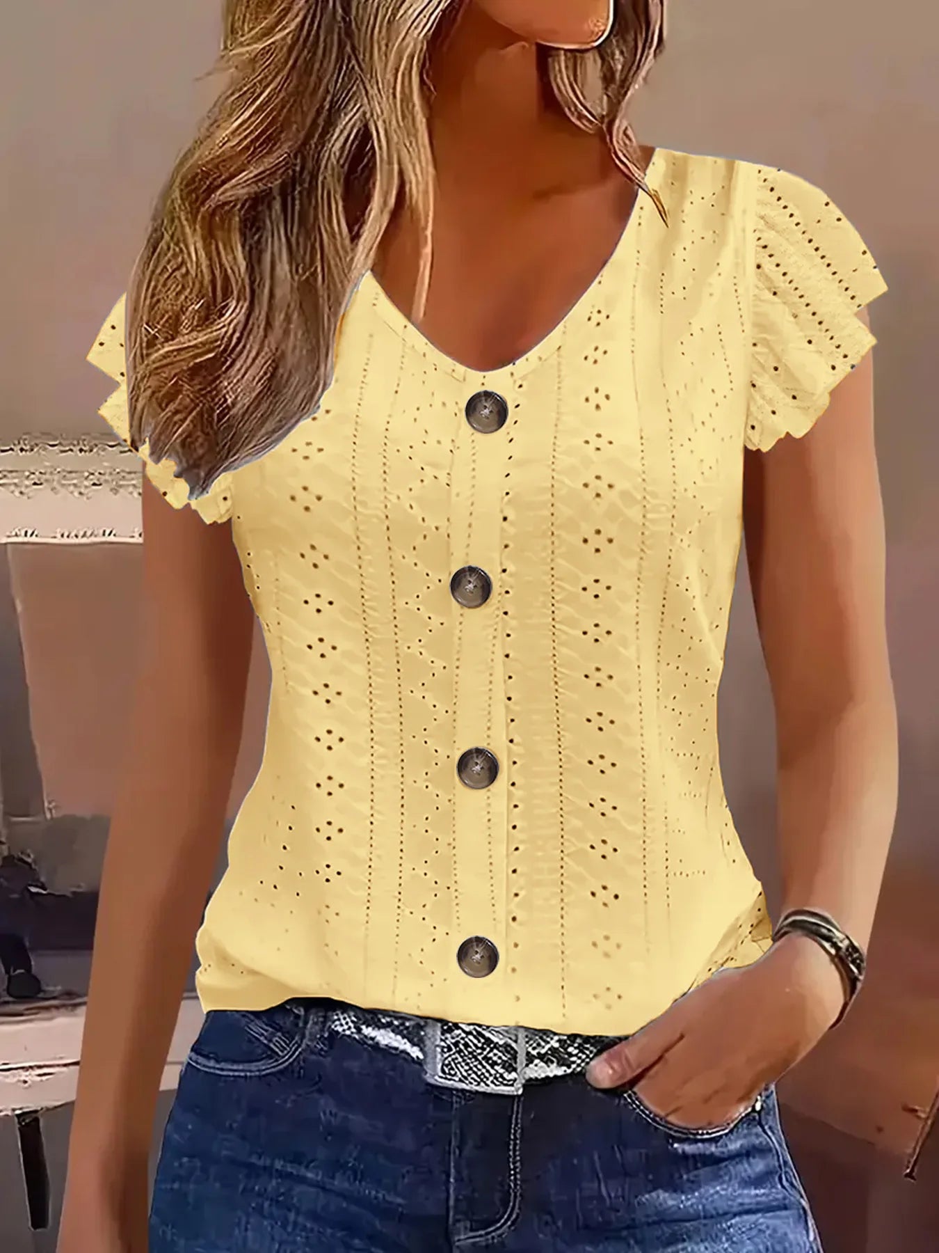 T-Shirt con Manica a Volant e Scollo a V – 5 Colori | Donna Estate 2025