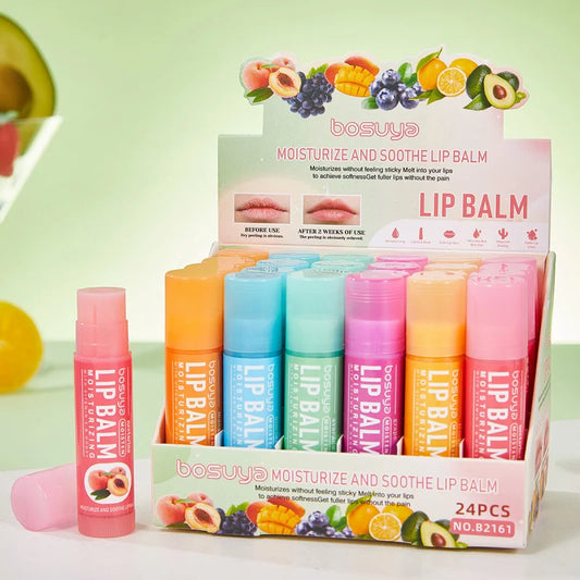 Set 24 Balsami Labbra alla Frutta – Mango, Pesca, Avocado, Uva, Arancia, Mirtillo