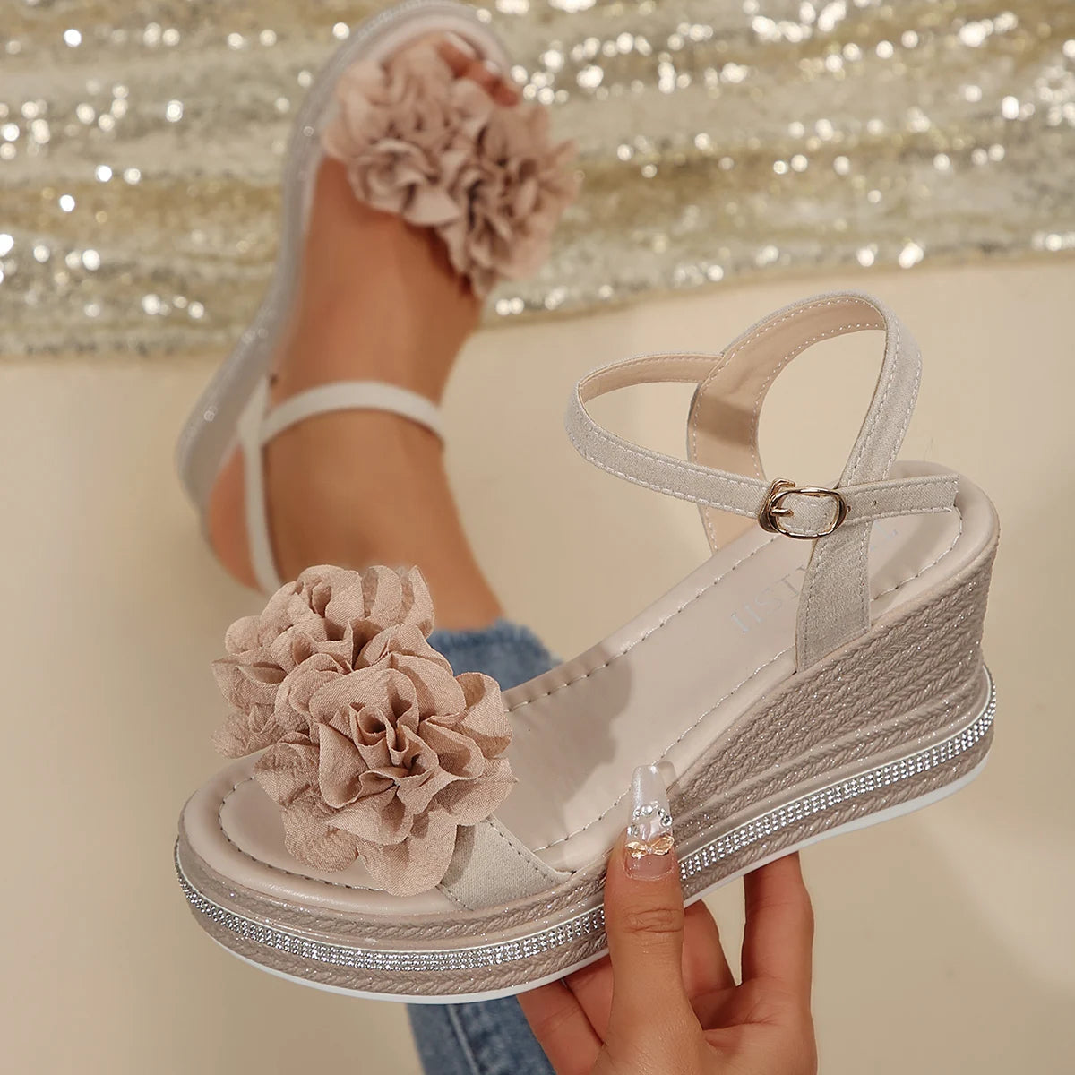 Sandali da donna Motivo floreale Bowknot Decor Sandali con plateau Donna Espadrillas con zeppa Tacchi alti Scarpe da donna Sandalias De Mujer