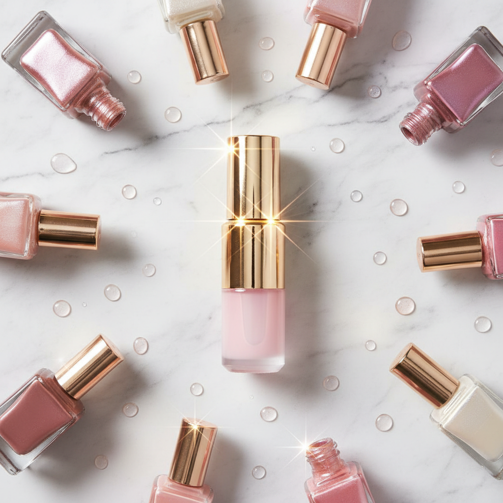 Top coat unghie in flacone rosa e oro su marmo