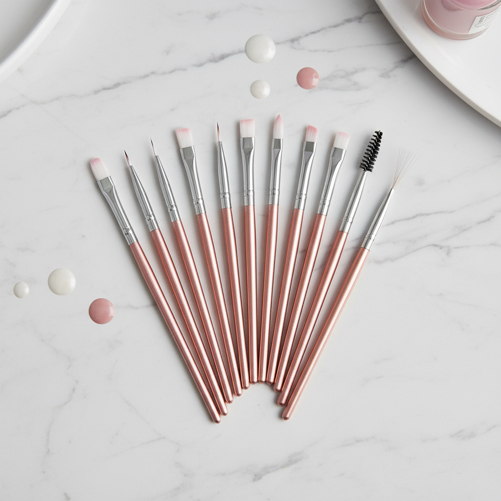 Set pennellini nail art professionali con manici oro rosa su marmo