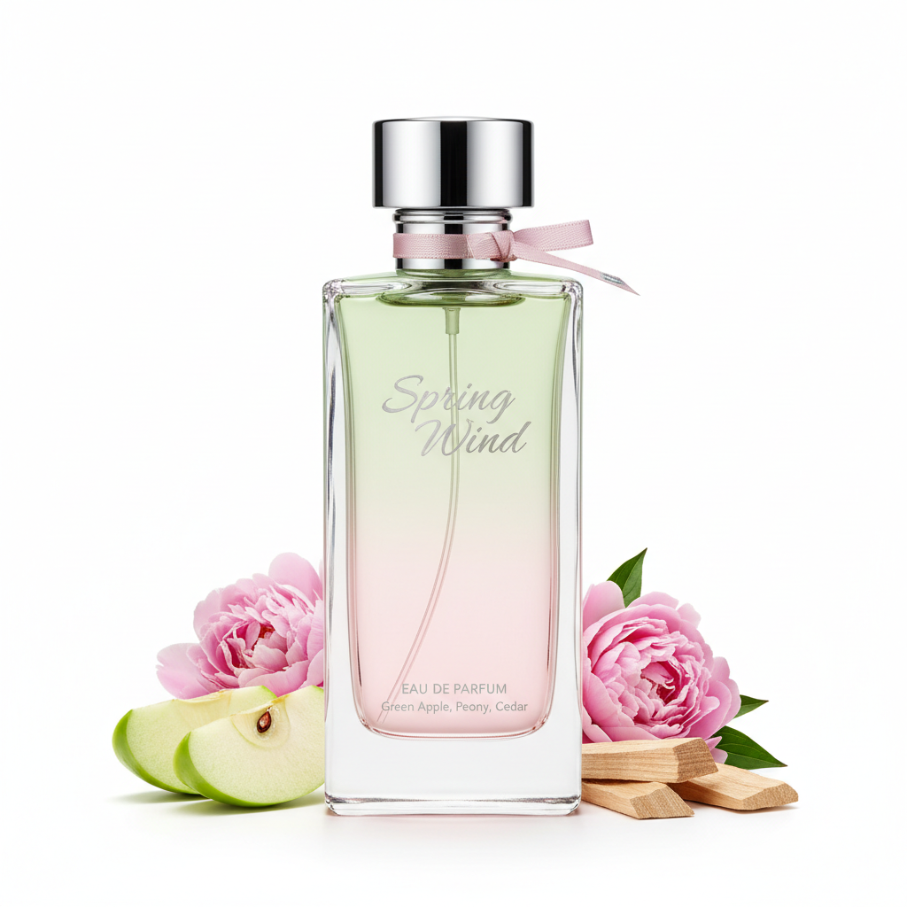 Profumo Vento di Primavera in flacone di vetro rosa e verde