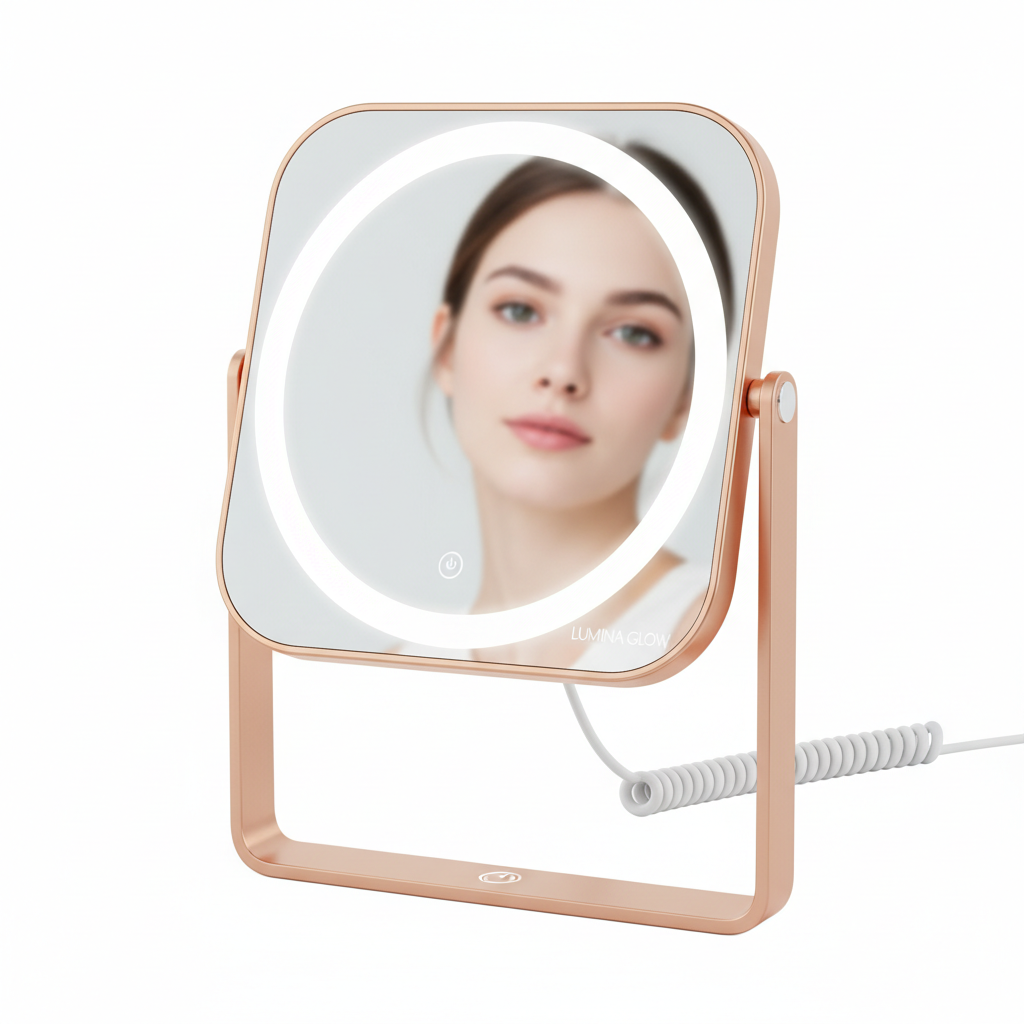 Specchio con luce LED ad anello con cornice oro rosa