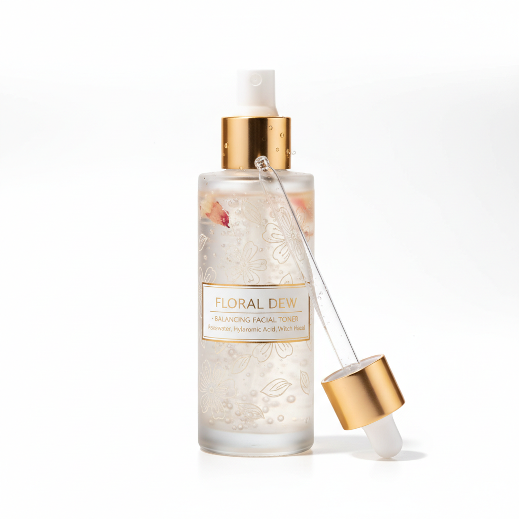 Tonico viso in flacone di vetro elegante con spray