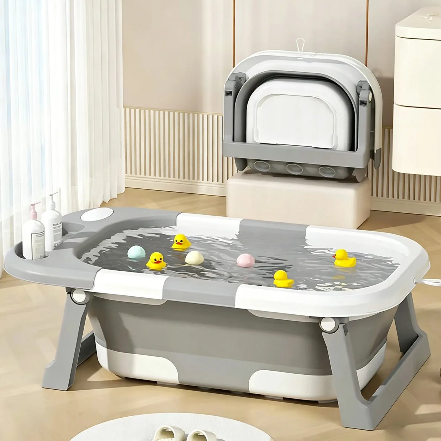 Vasca da Bagno Pieghevole per Neonati con Termometro, Antiscivolo e Cuscino