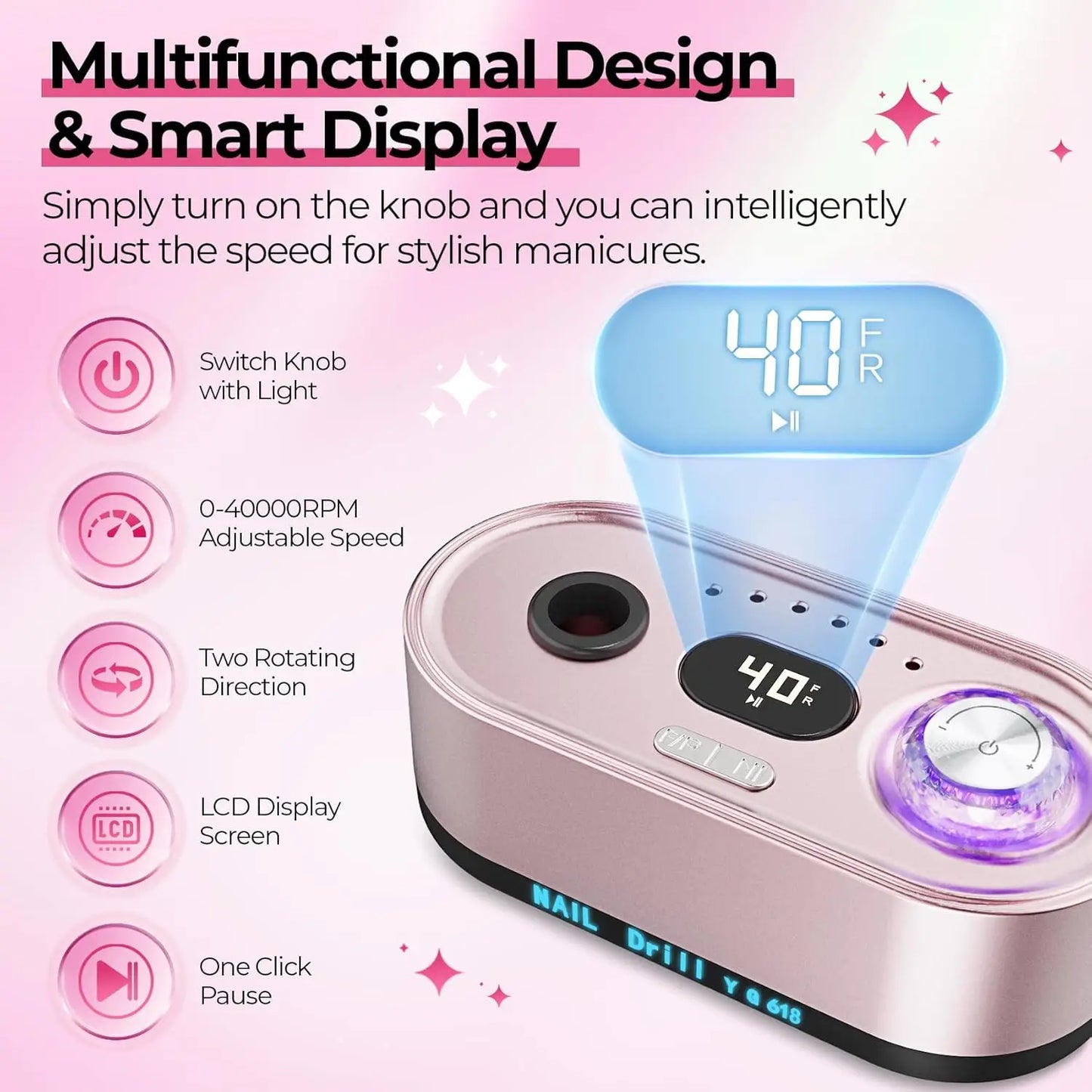 Trapano elettrico per unghie Professionale 40000 giri/min Kit lima per unghie elettrica Trapano per unghie Efile con display LCD per unghie in gel acrilico