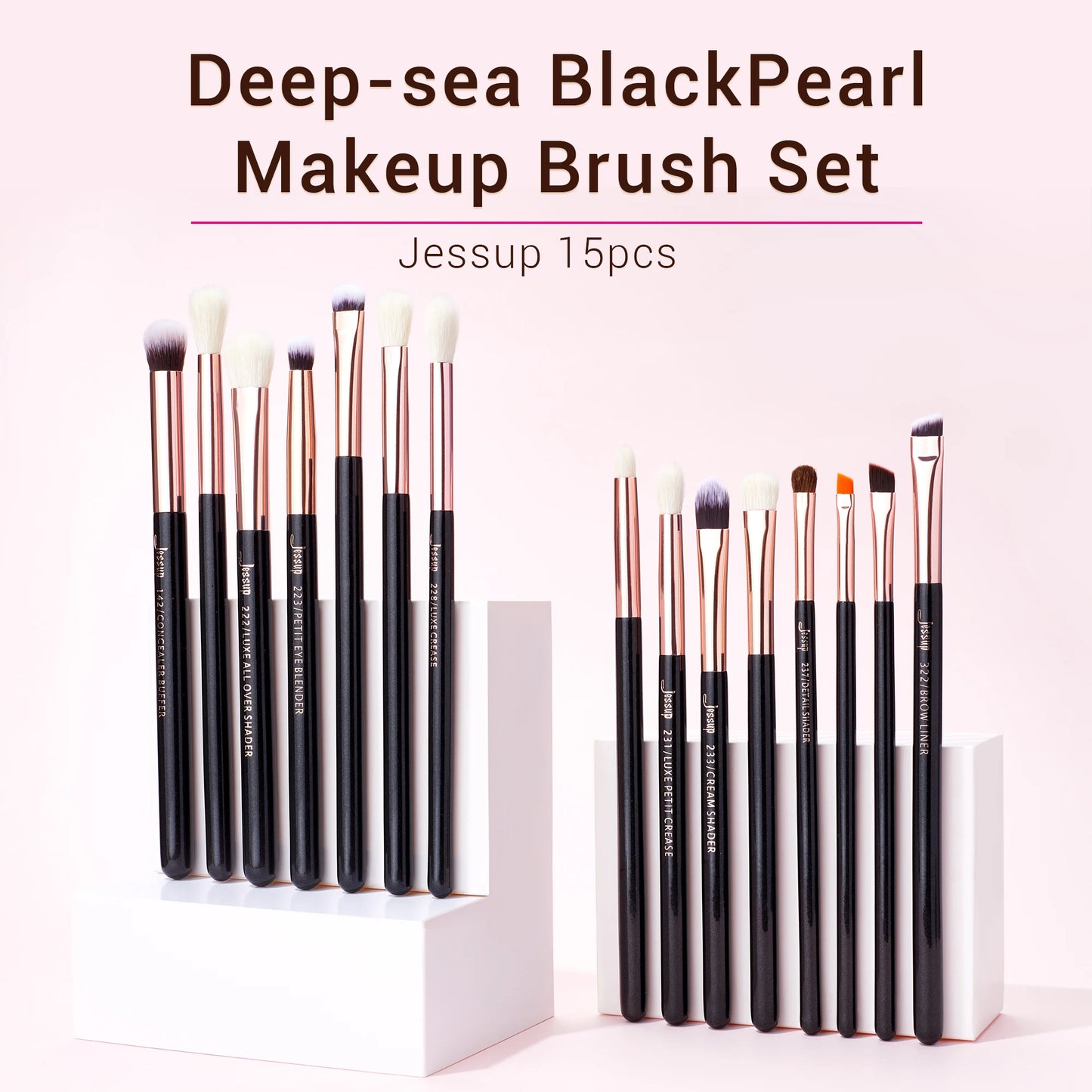 Jessup Set Pennelli Trucco 15 Pezzi – Capelli Sintetici e Naturali, Manico in Legno