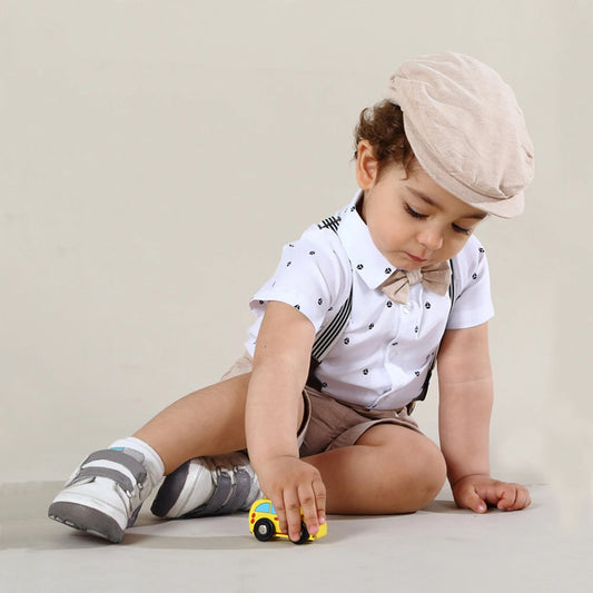 Completo Elegante Neonato – Pagliaccetto, Fiocco e Cappello Stile Gentiluomo | 3-24 Mesi