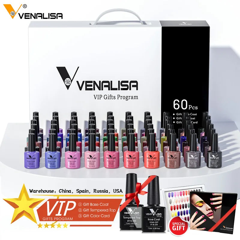 Venalisa 7.5ml Smalto per unghie Gel 60 Colori Glitter Smalto per unghie per Nail Art Manicure Top Coat Soak Off Smalto Gel UV Vernice