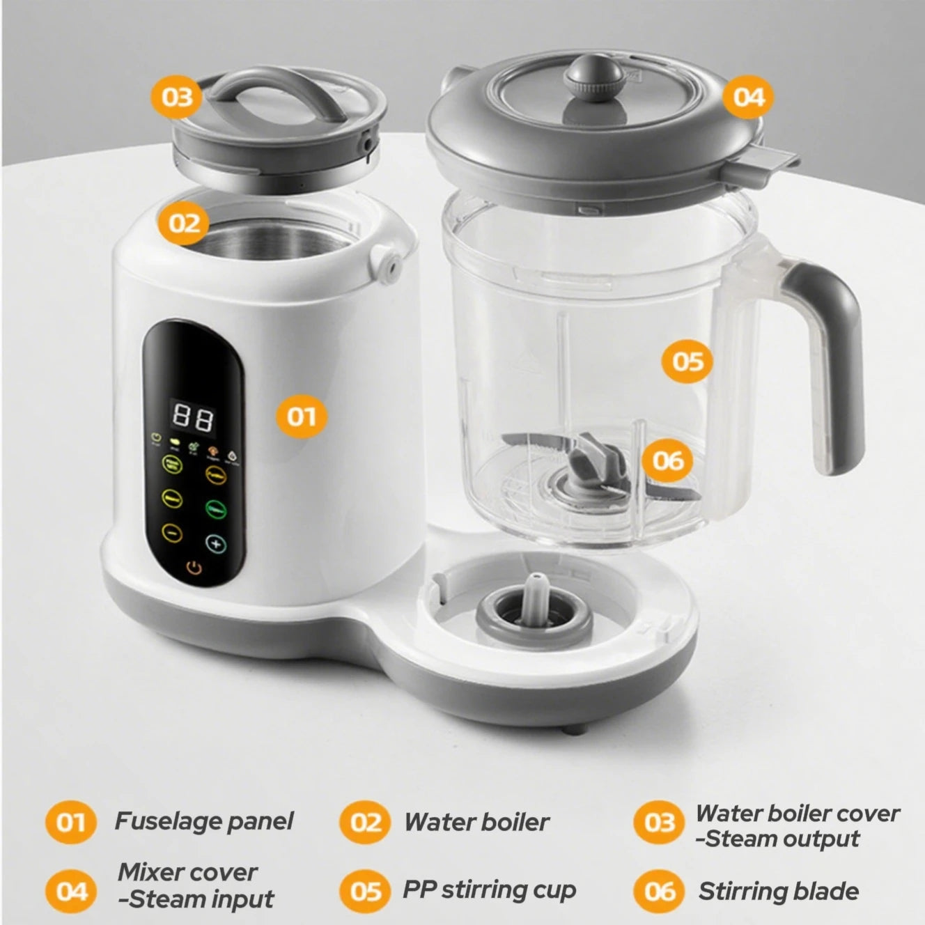 Creatore di alimenti per bambini multifunzionale Robot automatico per alimenti per bambini Vapore Macinini per alimenti Purée Frullatore Scaldalatte con display della temperatura