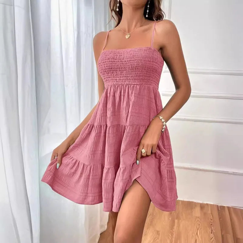 Mini Abito Bustier Smock con Spalline – Volant a Strati, Stile Estivo da Spiaggia