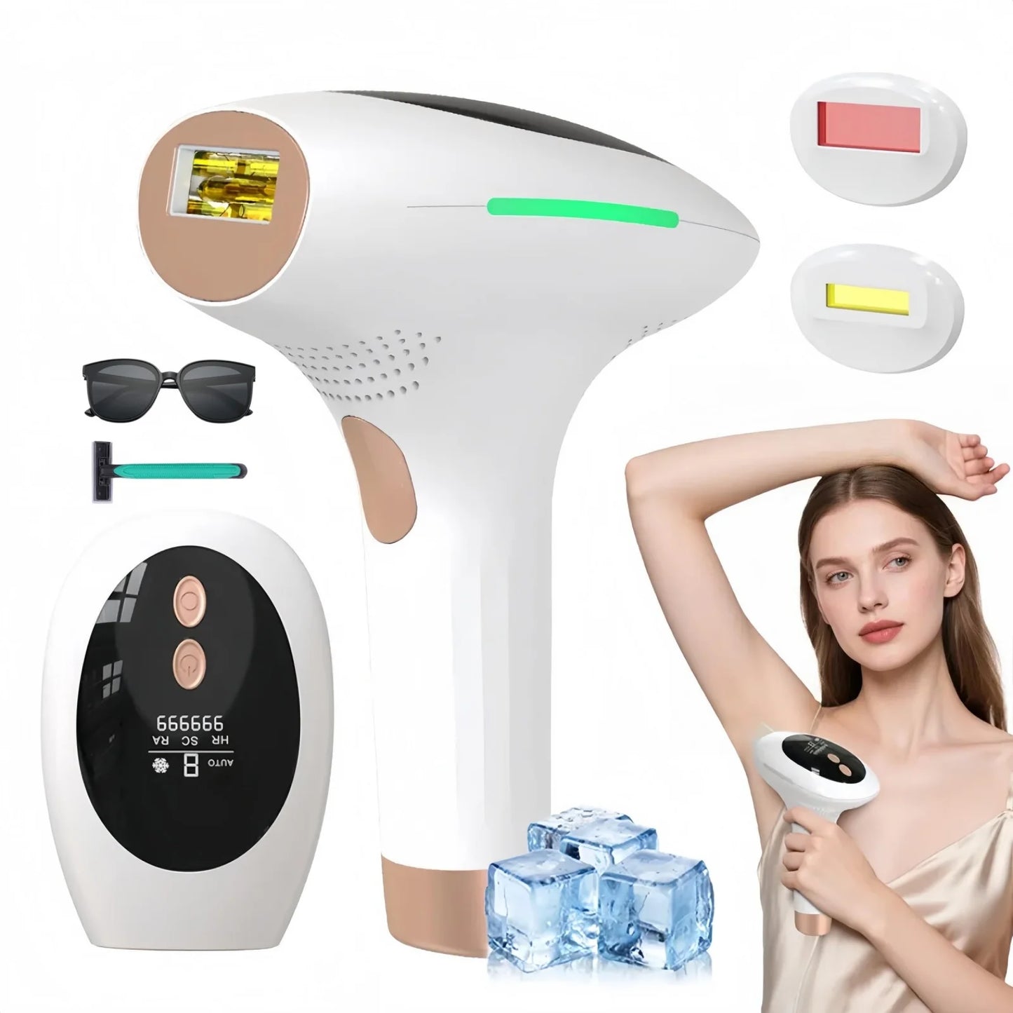 Dispositivo IPL per Rimozione Peli con Funzione di Raffreddamento a Ghiaccio per Donne e Uomini, 3 Funzioni in 1 HR/SC/RA, Risultati Duraturi