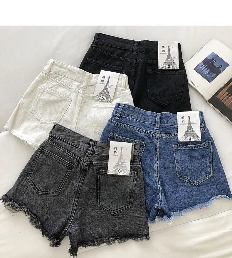 Shorts Denim Vita Alta Orlo Grezzo – Gamba Larga Stile Coreano | 4 Colori | DURIKIES