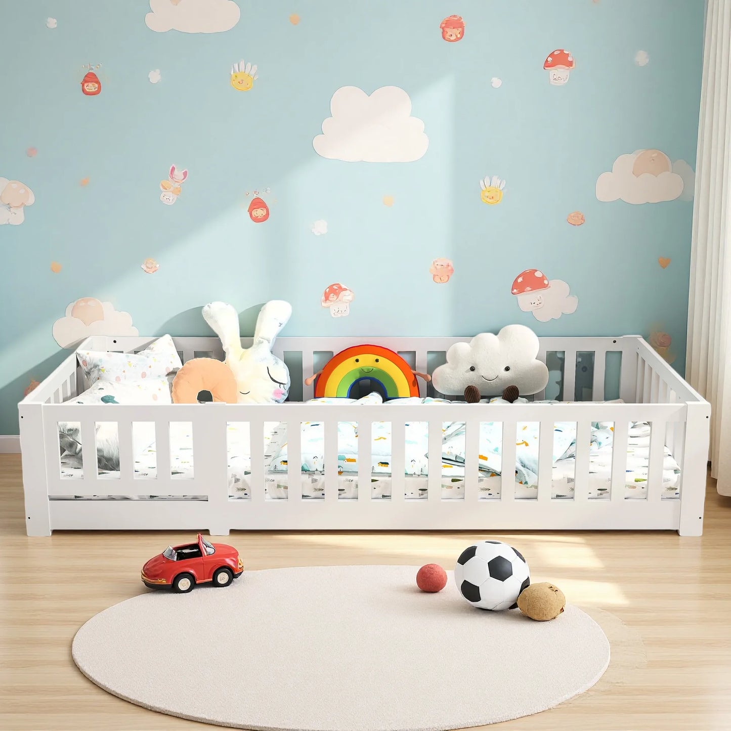 Letto Montessori per bambini 90 x 190 cm con porta, protezione anticaduta e rete a doghe, in pino massello, senza materasso