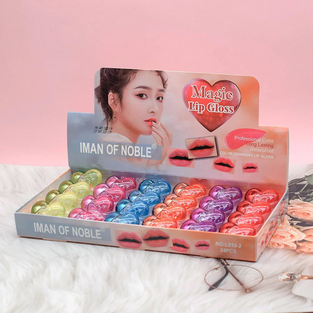 Set 24 Lip Gloss con Paillettes – Cuore Colorato, Idratanti & Kawaii
