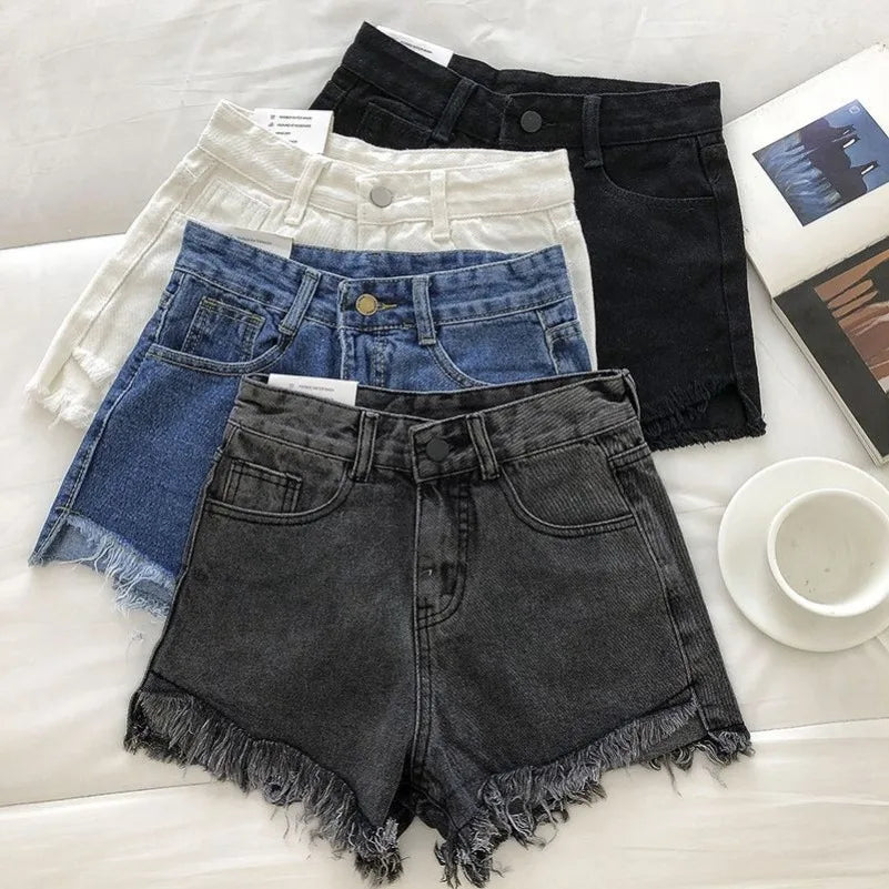 Shorts Denim Vita Alta Orlo Grezzo – Gamba Larga Stile Coreano | 4 Colori | DURIKIES