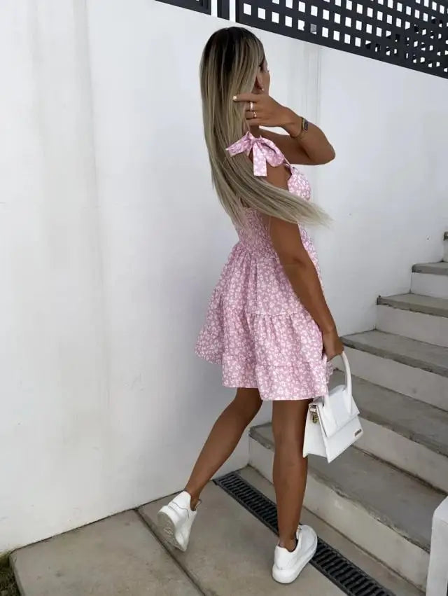 Abito estivo a pieghe in vita con stampa floreale moda per donna Y2k Casual Vacanza al mare Vestito estivo con cinturino per spaghetti Mini abito femminile