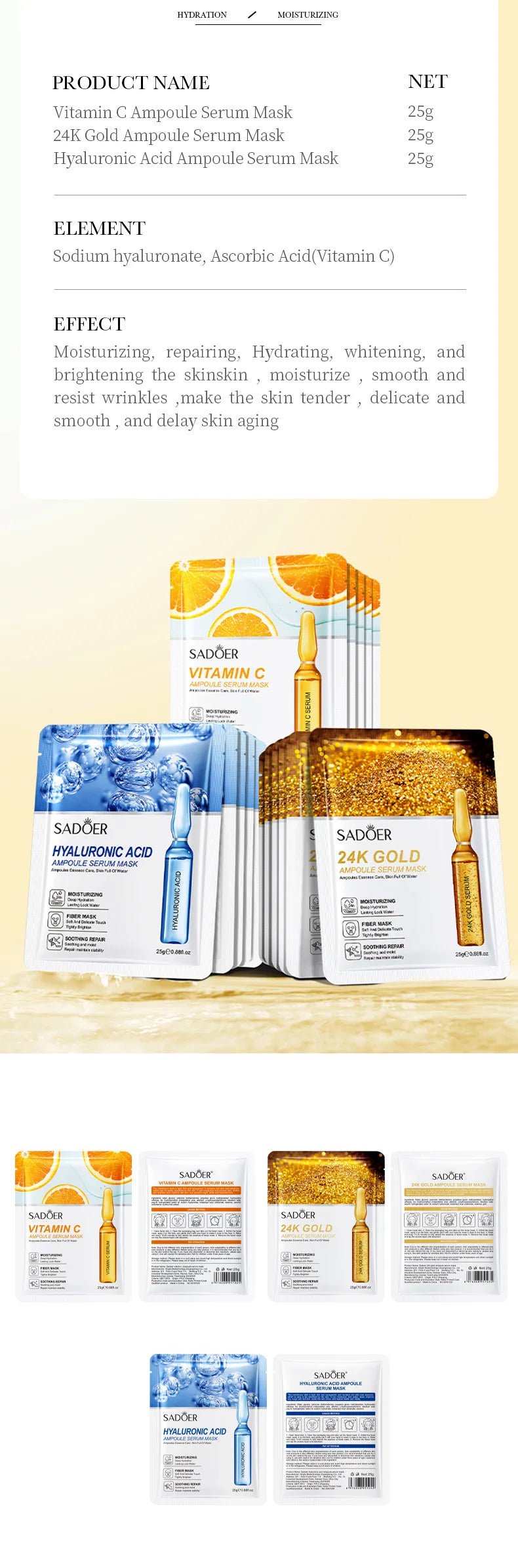 Set 15 Maschere Viso SADOER – Oro 24K, Vitamina C & Acido Ialuronico