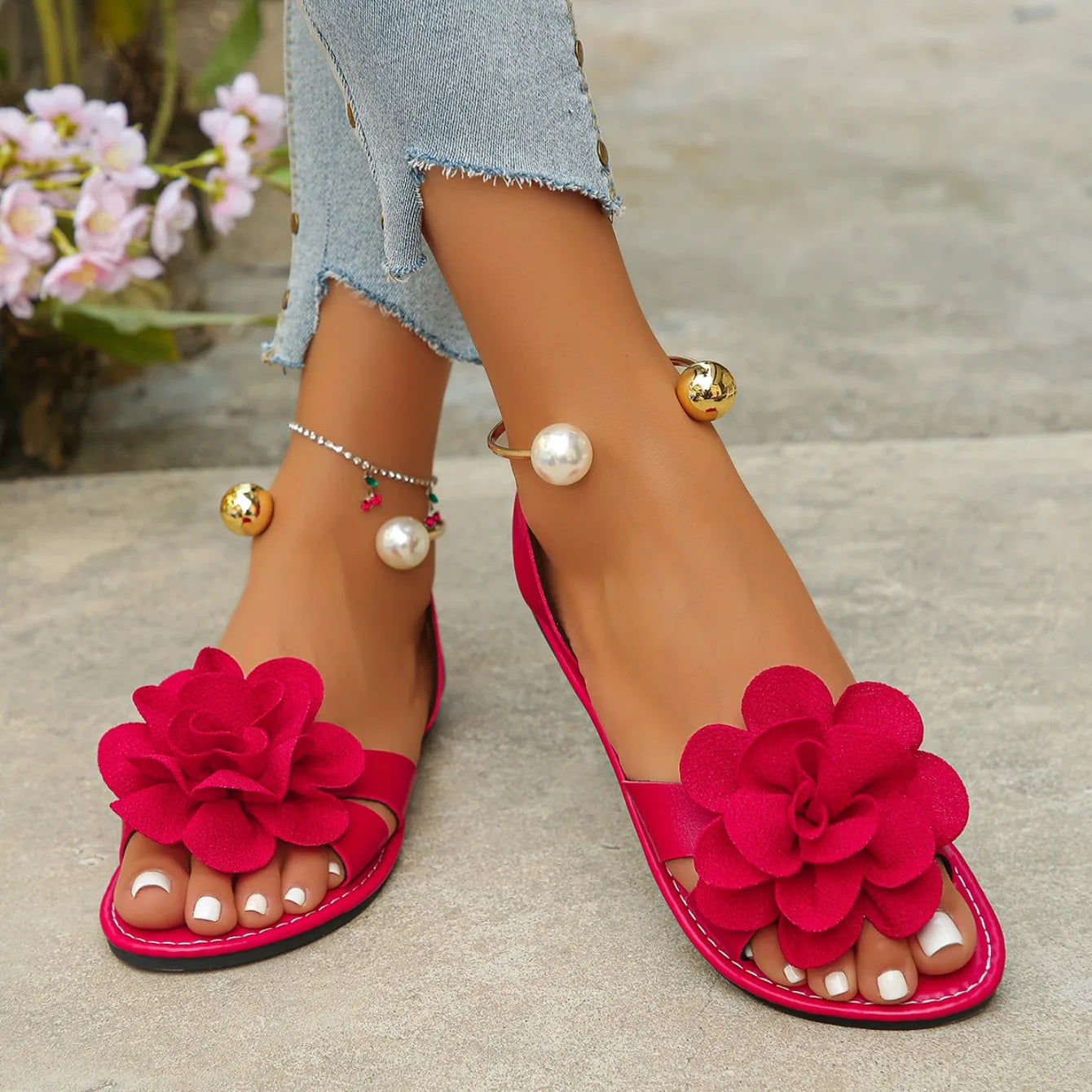 Sandali Piatti Donna con Perle Floreali – Slip-On Punta Tonda Intagli Estivi | 4 Colori | N.36-43