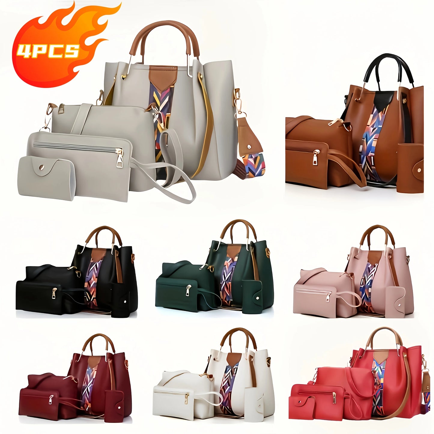 Set 4 Borse Donna in Pelle PU – Tracolla + Borsa a Mano + Pochette + Portacarte | 8 Colori