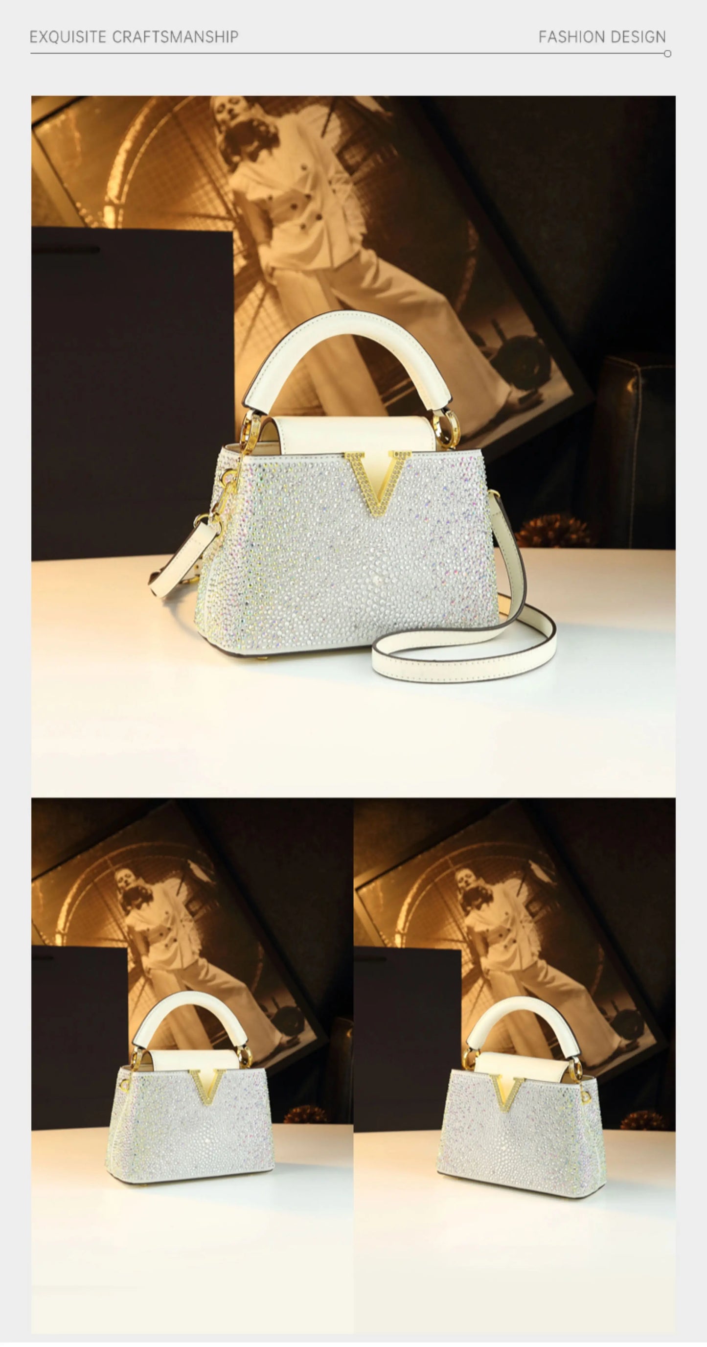 Borse da donna con diamanti alla moda di lusso 2025 Nuova borsa a tracolla piccola con lettera a V Borse a conchiglia in vera pelle