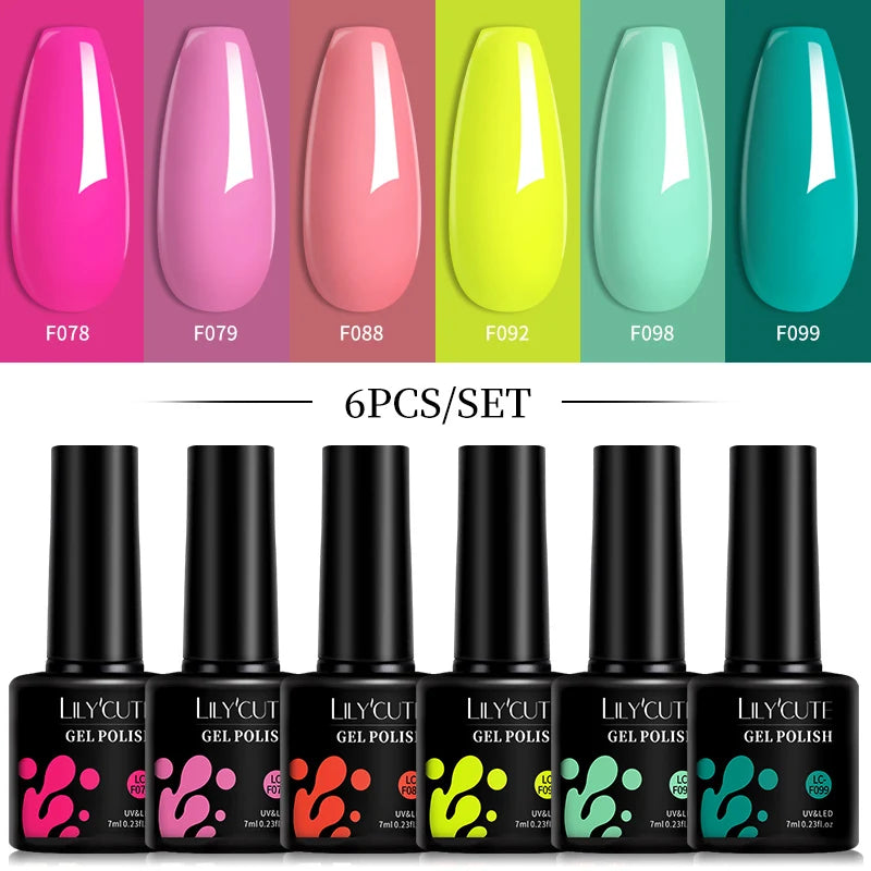 LILYCUTE Set di 6 Smalti Gel per Unghie Fai-da-Te 7ML, Rosa Brillante, Accessori per Nail Art, Smalto Gel UV LED Soak-Off