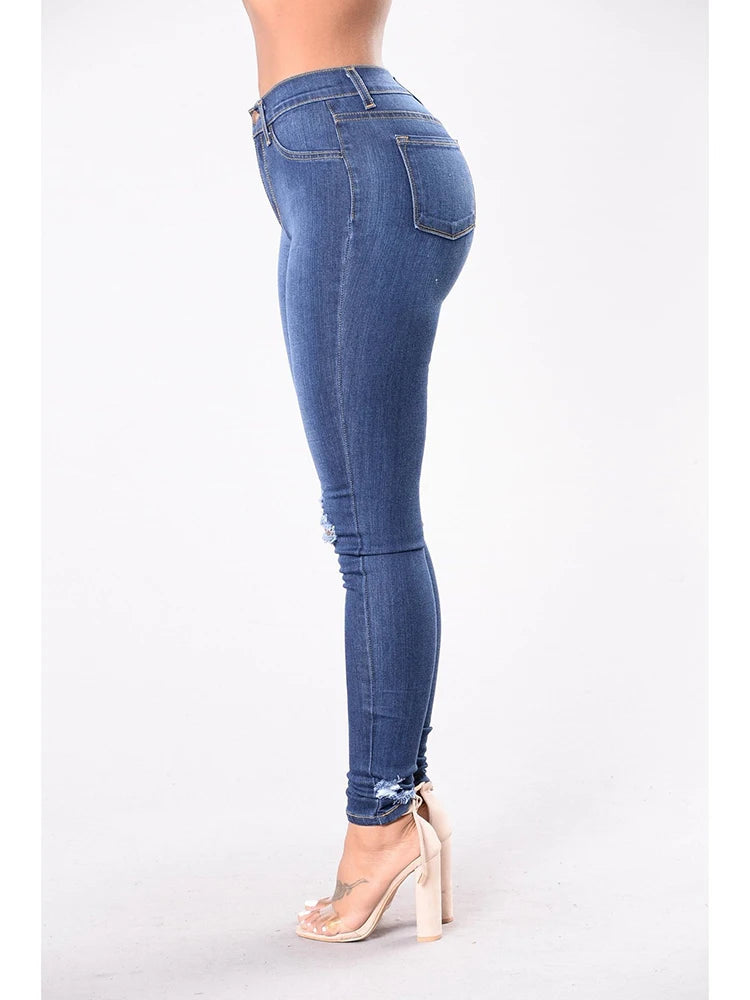 Jeans Skinny Donna Vita Alta Strappati Elasticizzati – Gamba Dritta Plus Size | 3 Sfumature Blu | S-XXXL