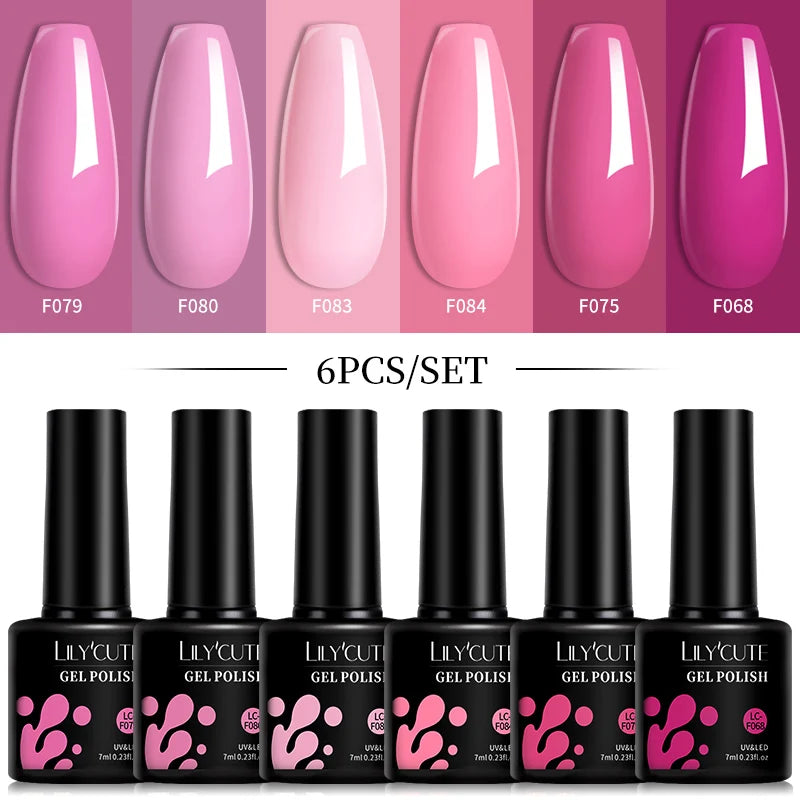 LILYCUTE Set di 6 Smalti Gel per Unghie Fai-da-Te 7ML, Rosa Brillante, Accessori per Nail Art, Smalto Gel UV LED Soak-Off