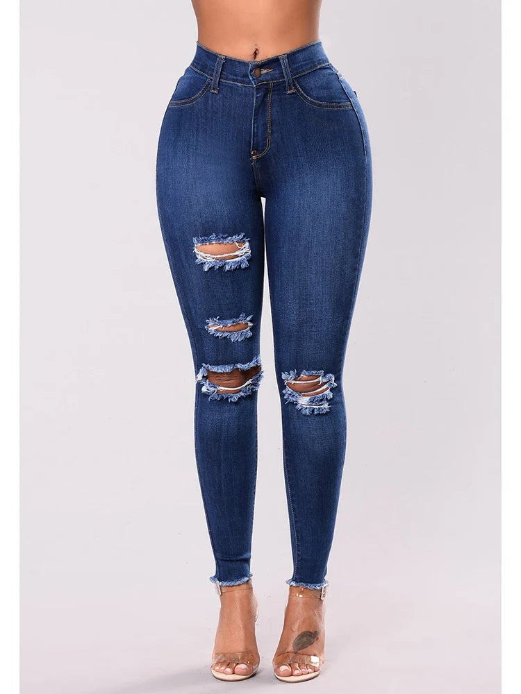 Jeans Skinny Donna Vita Alta Strappati Elasticizzati – Gamba Dritta Plus Size | 3 Sfumature Blu | S-XXXL
