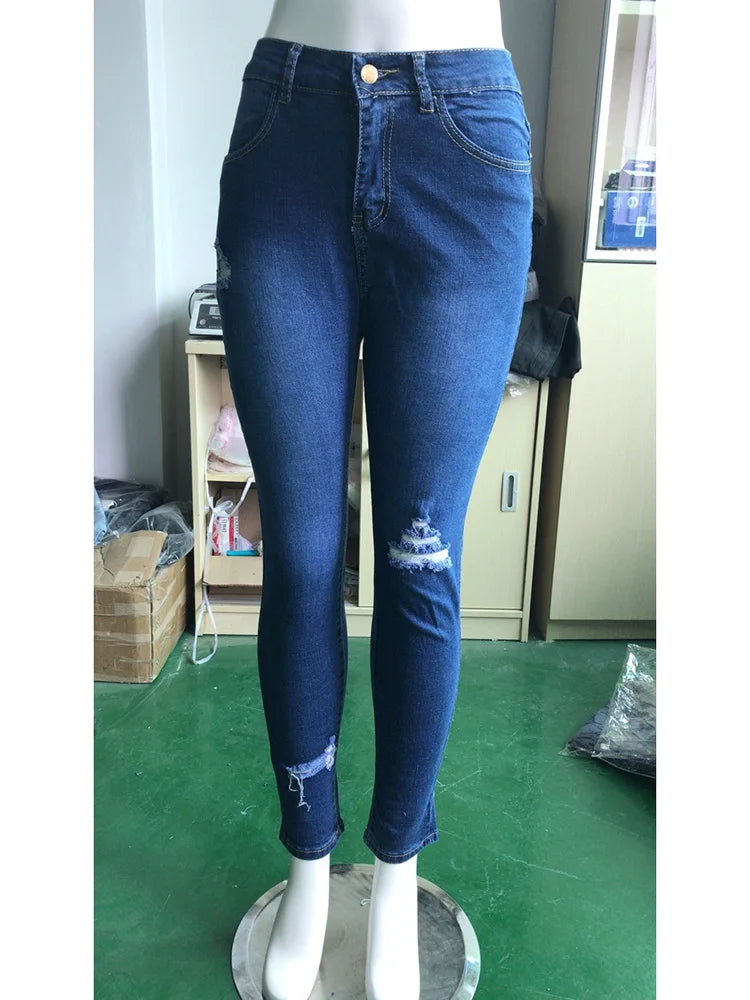 Jeans Skinny Donna Vita Alta Strappati Elasticizzati – Gamba Dritta Plus Size | 3 Sfumature Blu | S-XXXL