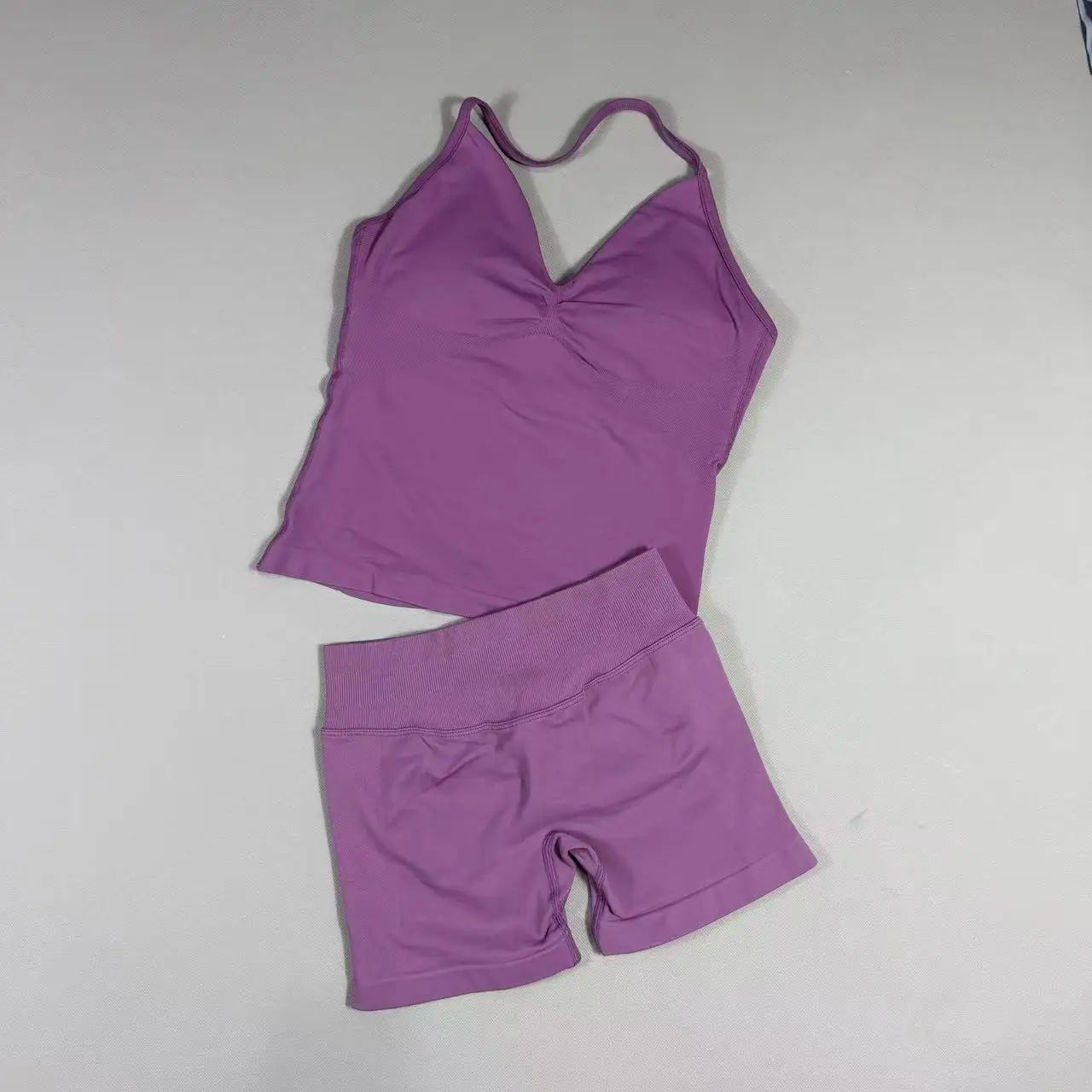 Completo Sportivo Donna 2 Pezzi – Top Lungo + Pantaloncini Yoga Senza Cuciture Push-Up
