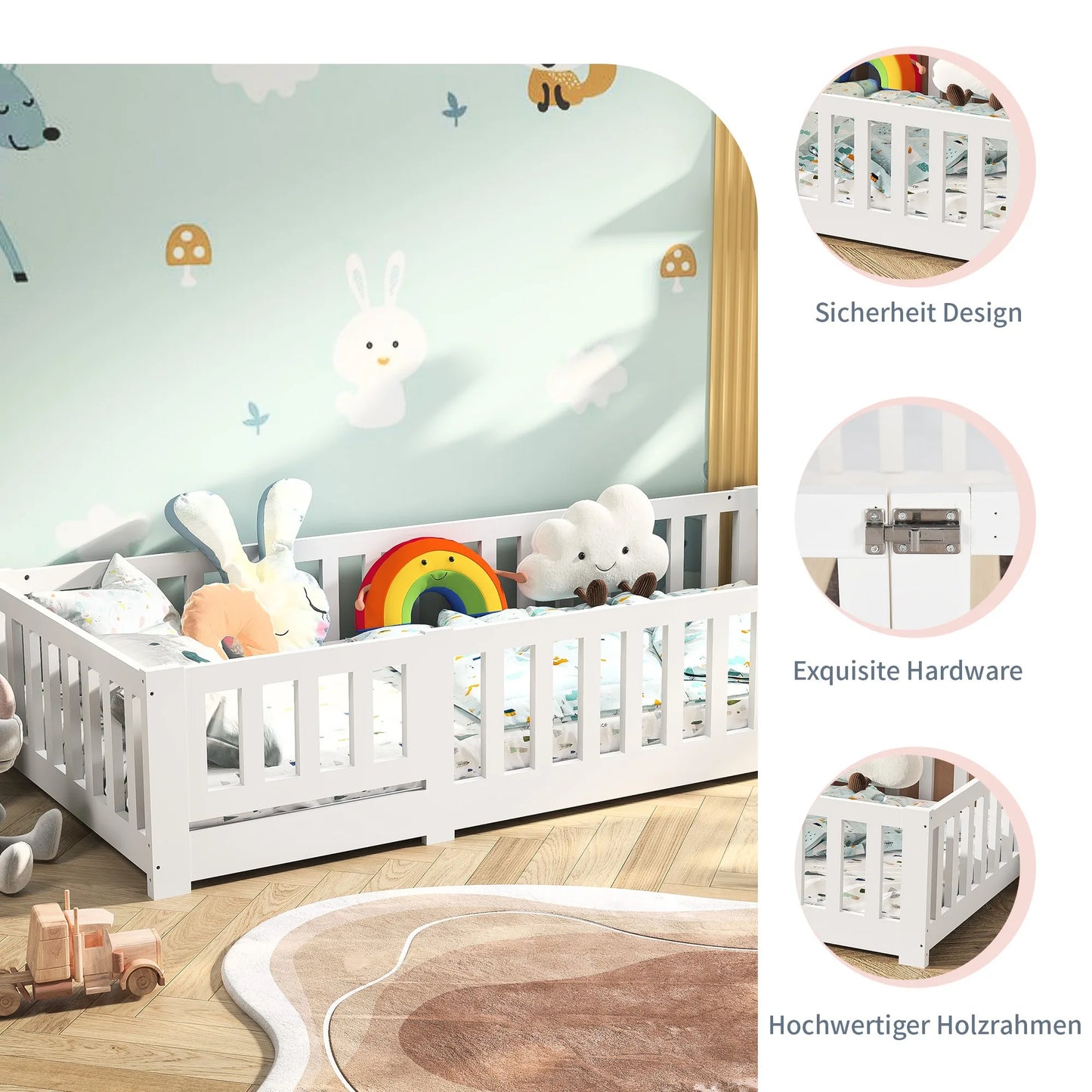 Letto Montessori per bambini 90 x 190 cm con porta, protezione anticaduta e rete a doghe, in pino massello, senza materasso
