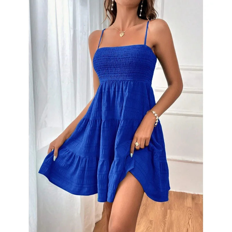 Mini Abito Bustier Smock con Spalline – Volant a Strati, Stile Estivo da Spiaggia