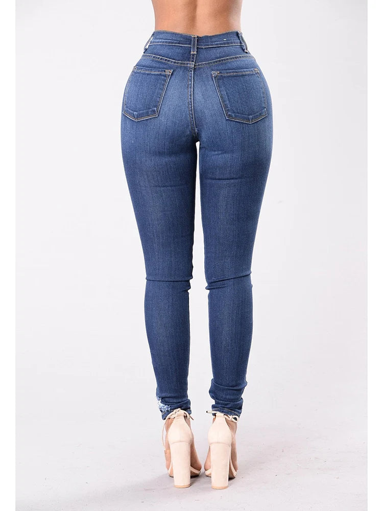 Jeans Skinny Donna Vita Alta Strappati Elasticizzati – Gamba Dritta Plus Size | 3 Sfumature Blu | S-XXXL