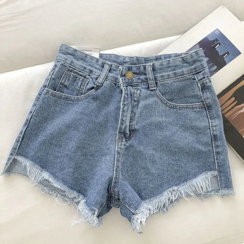 Shorts Denim Vita Alta Orlo Grezzo – Gamba Larga Stile Coreano | 4 Colori | DURIKIES