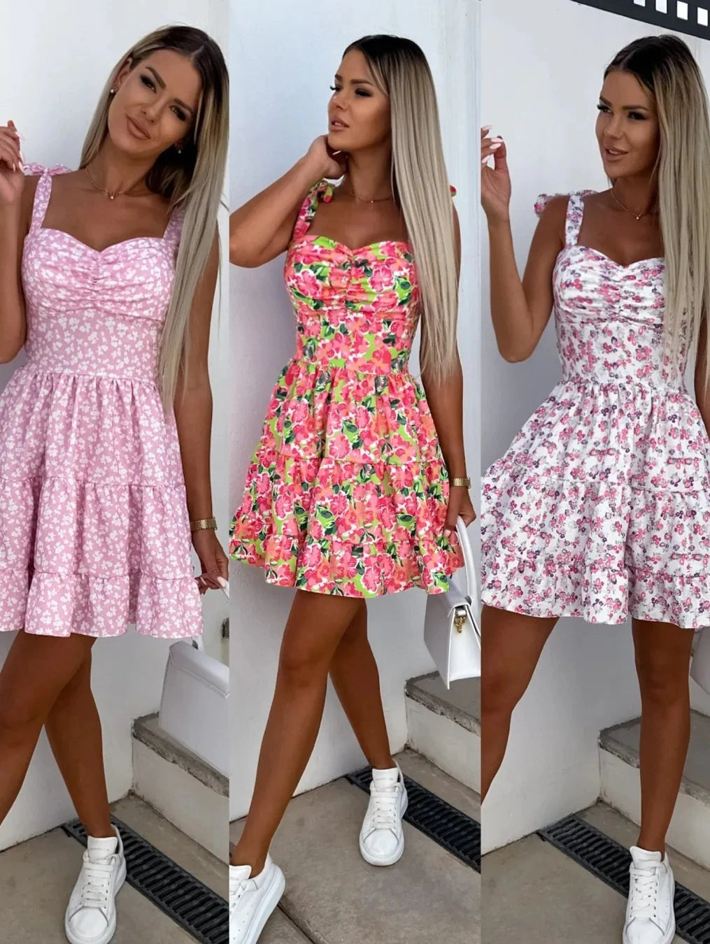 Abito estivo a pieghe in vita con stampa floreale moda per donna Y2k Casual Vacanza al mare Vestito estivo con cinturino per spaghetti Mini abito femminile