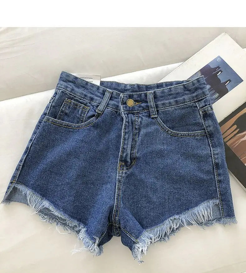 Shorts Denim Vita Alta Orlo Grezzo – Gamba Larga Stile Coreano | 4 Colori | DURIKIES