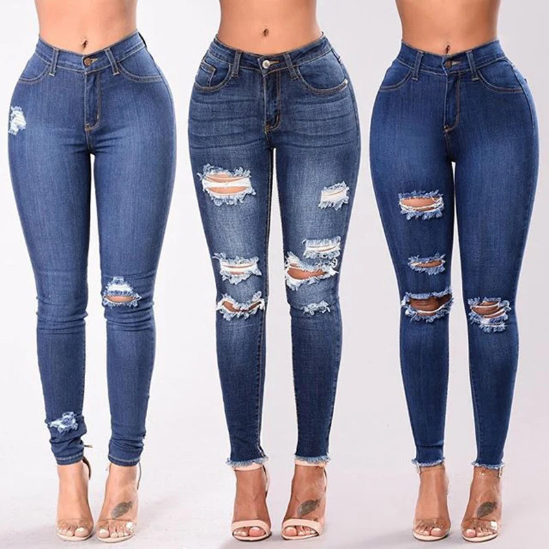 Jeans Skinny Donna Vita Alta Strappati Elasticizzati – Gamba Dritta Plus Size | 3 Sfumature Blu | S-XXXL