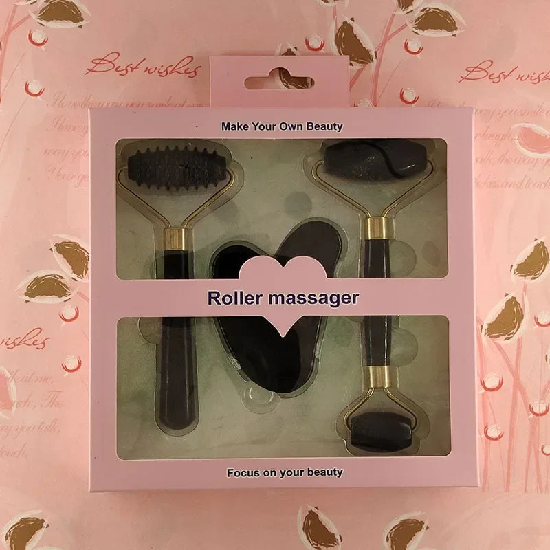 Set Rullo Massaggiatore Viso e Gua Sha — 3 Pezzi in Resina
