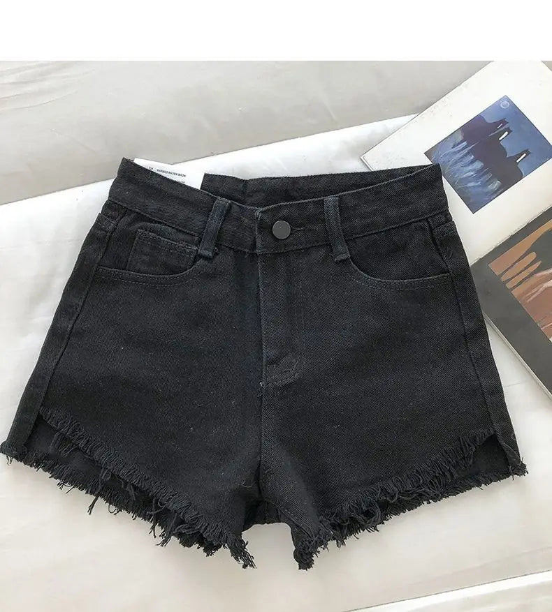 Shorts Denim Vita Alta Orlo Grezzo – Gamba Larga Stile Coreano | 4 Colori | DURIKIES