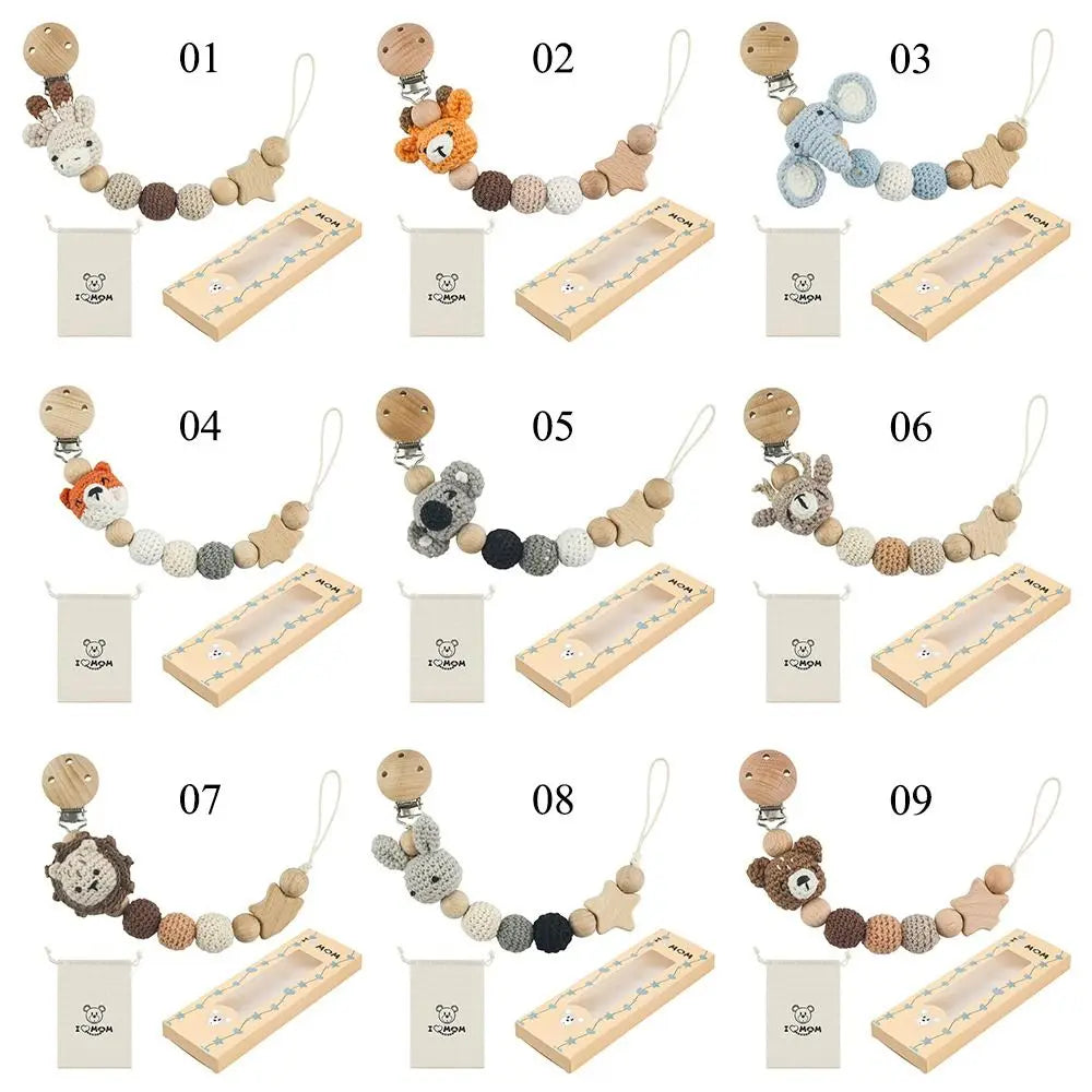 Clip Porta Ciuccio Animali Cartoon in Legno di Faggio | Con Custodia | 9 Colori