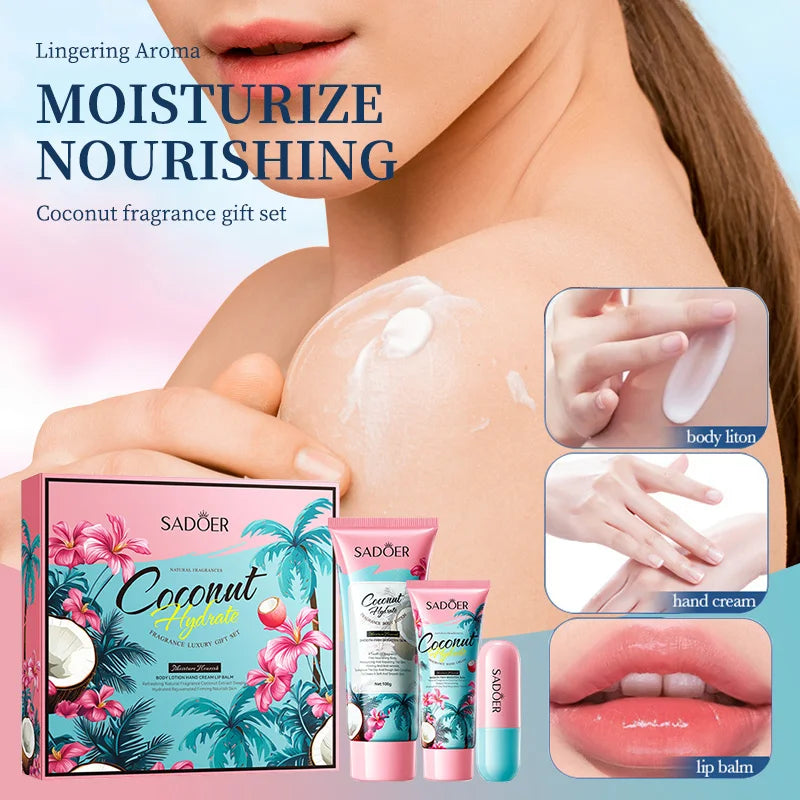 Set di Lusso Skincare al Cocco – Lozione Corpo, Crema Mani, Balsamo Labbra & Profumo