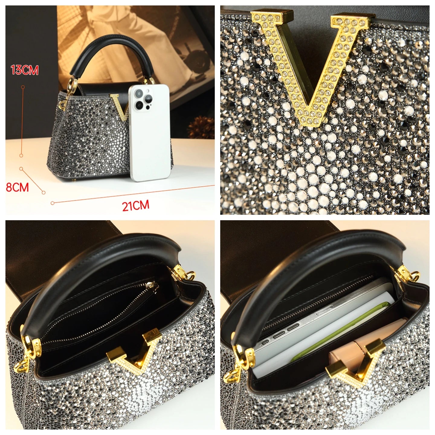 Borse da donna con diamanti alla moda di lusso 2025 Nuova borsa a tracolla piccola con lettera a V Borse a conchiglia in vera pelle