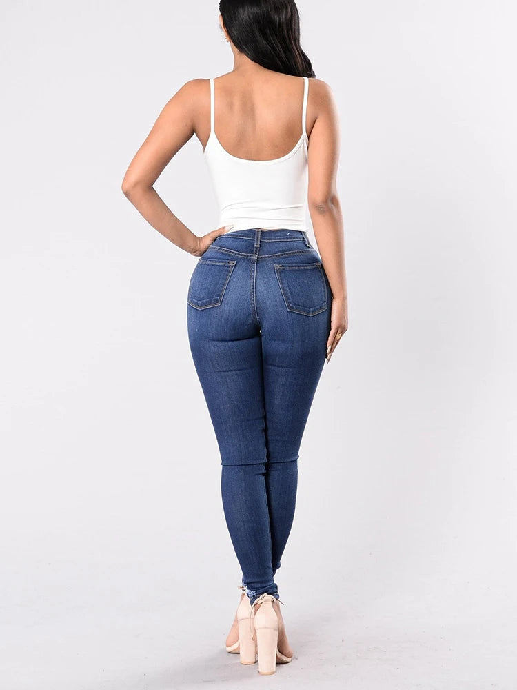 Jeans Skinny Donna Vita Alta Strappati Elasticizzati – Gamba Dritta Plus Size | 3 Sfumature Blu | S-XXXL