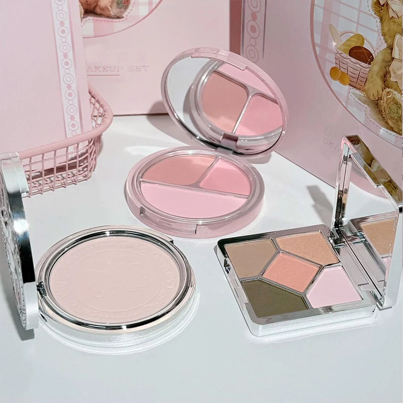 Set Trucco Lusso 7 Pezzi – Rossetti Opachi, Blush, Cipria, Palette Occhi & Collana