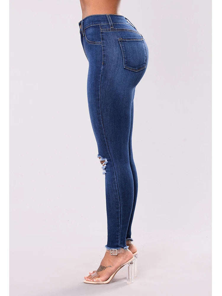 Jeans Skinny Donna Vita Alta Strappati Elasticizzati – Gamba Dritta Plus Size | 3 Sfumature Blu | S-XXXL