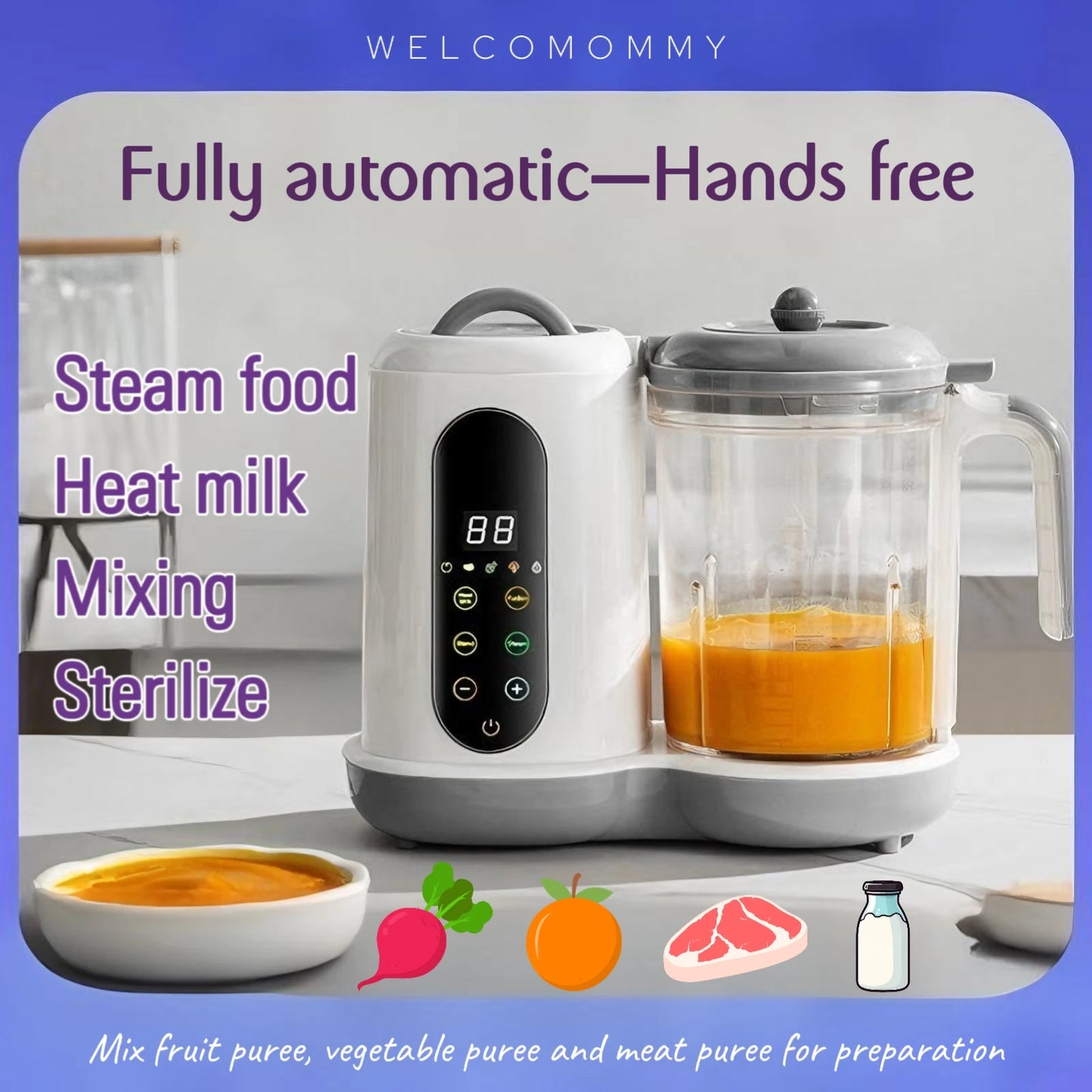 Creatore di alimenti per bambini multifunzionale Robot automatico per alimenti per bambini Vapore Macinini per alimenti Purée Frullatore Scaldalatte con display della temperatura